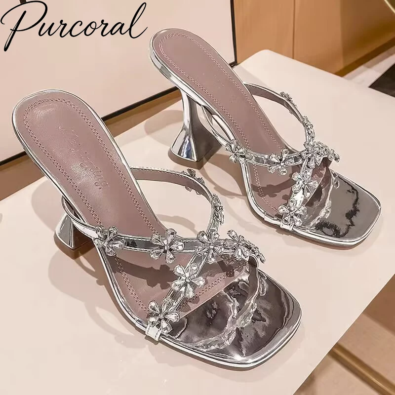 Purcoral 2026 New Women Rhinestone Flower Mule Sandals Square Open Toe Slip On Metallic High Heel Slippers Ladies Shoes