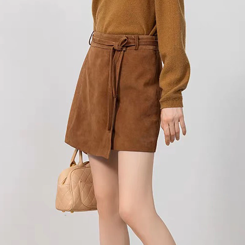 Vintage camurça couro real mini saia com faixas feminino outono coreano cintura alta pele de carneiro harajuku