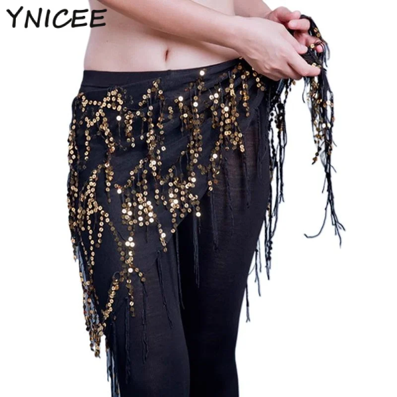 Belly Dance Sequins Mesh Hip Scarf Festival Stage Bling Tassel Skirt Rave Outfit Wrap Belt Shawl Waist Chain Lesson Wear Clothes