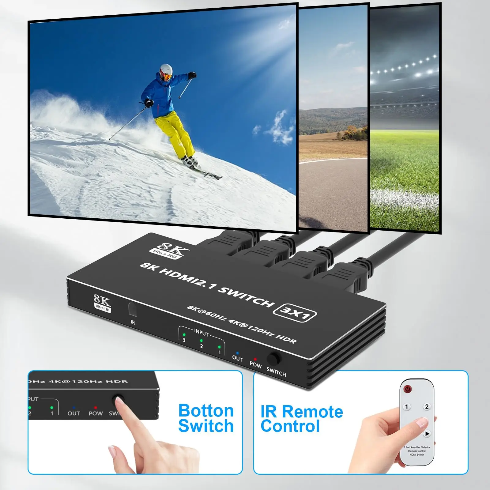 Divisor de comutação HDMI com controle remoto IR, seletor de comutador para Xbox, PS5, PS4, PC, TV, 8K, 3 em 1, 4K, 120Hz, 8K, 60Hz