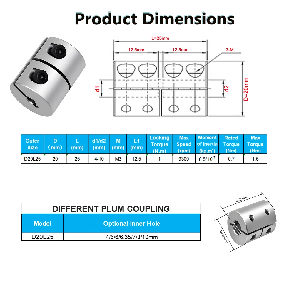 Acoplador rígido d20l25 de alto torque, liga de alumínio, parafuso de chumbo, acoplamento 4/5/6/6.35/8/10mm para servo motor de passo, peça de impressora 3d cnc