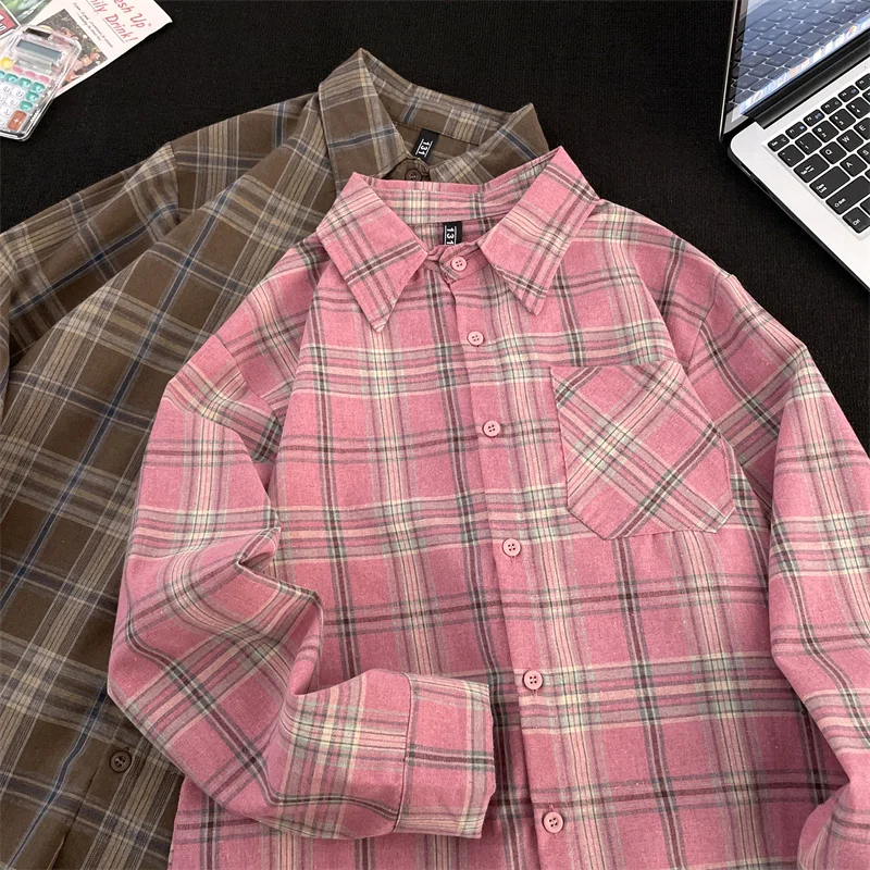 

Casual Plaid Patchwork Long Sleeve Shirt Men's Loose Fit Spring Autumn Outerwear Turn-down Collar Hong Kong Style Commute