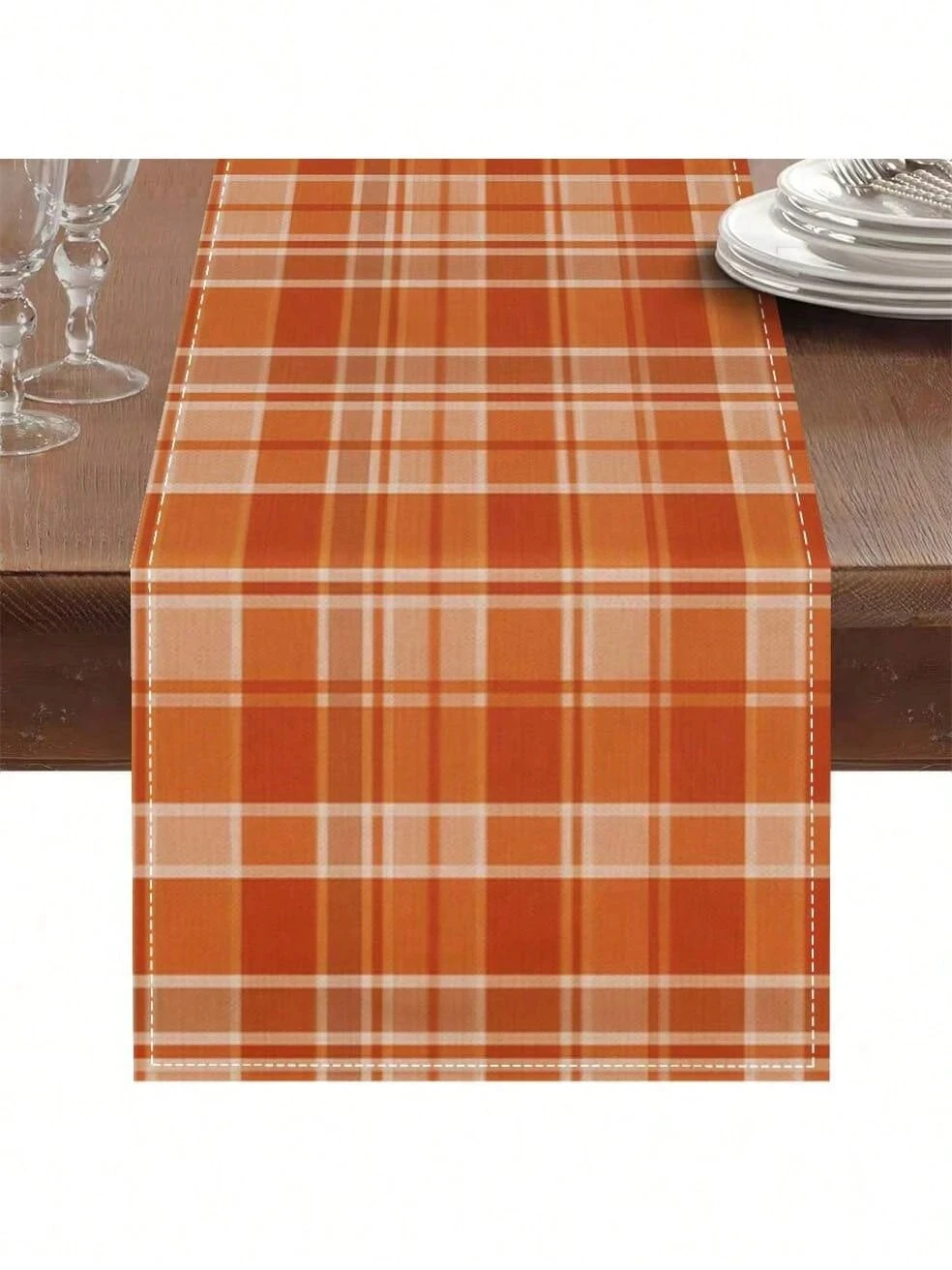 

1 Orange Plaid Table Runner 2D Printed Autumn Checkered Pattern for Thanksgiving Dining Table Decor Stylish for Fall Gatherings