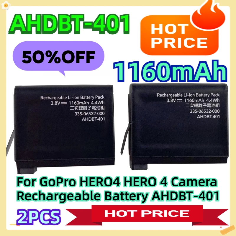 

For GoPro HERO4 HERO 4 Camera Rechargeable Battery AHDBT-401 2pcs