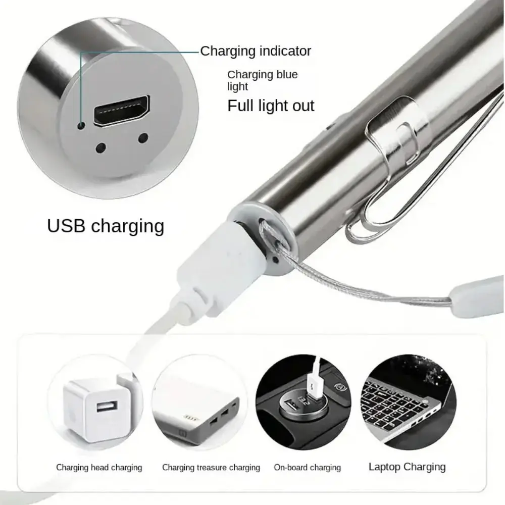 Professional Portable LED Pen Light USB Rechargeable Stainless Steel Clip Pocket Flashlight Rechargeable LED Home
