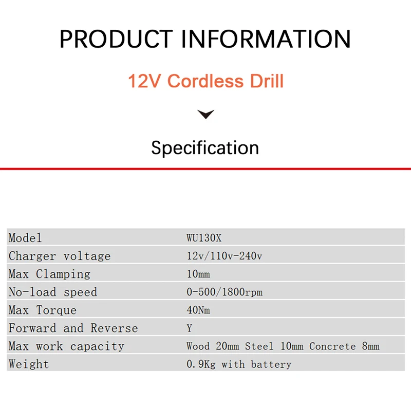 Worx Cordless Electric Drill Rechargeable Brushless WU130X 12V 40Nm Dual Speed Adjust Torque Univeral Orange Green Battery Pack