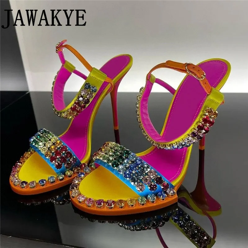 Popularne marki kolorowe klejnot damskie buty na wysokim obcasie Peep toe seksowne sandały Party Slingback dla kobiet pompy letnie buty damskie mujer