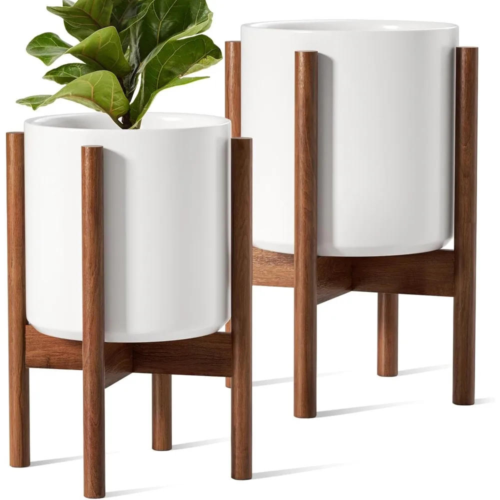 

Indoor Planter with Stand, 10 + 8 Inch, Set of 2, Ceramic Pot for Indoor Plants with Adjustable Acacia Wood Holder