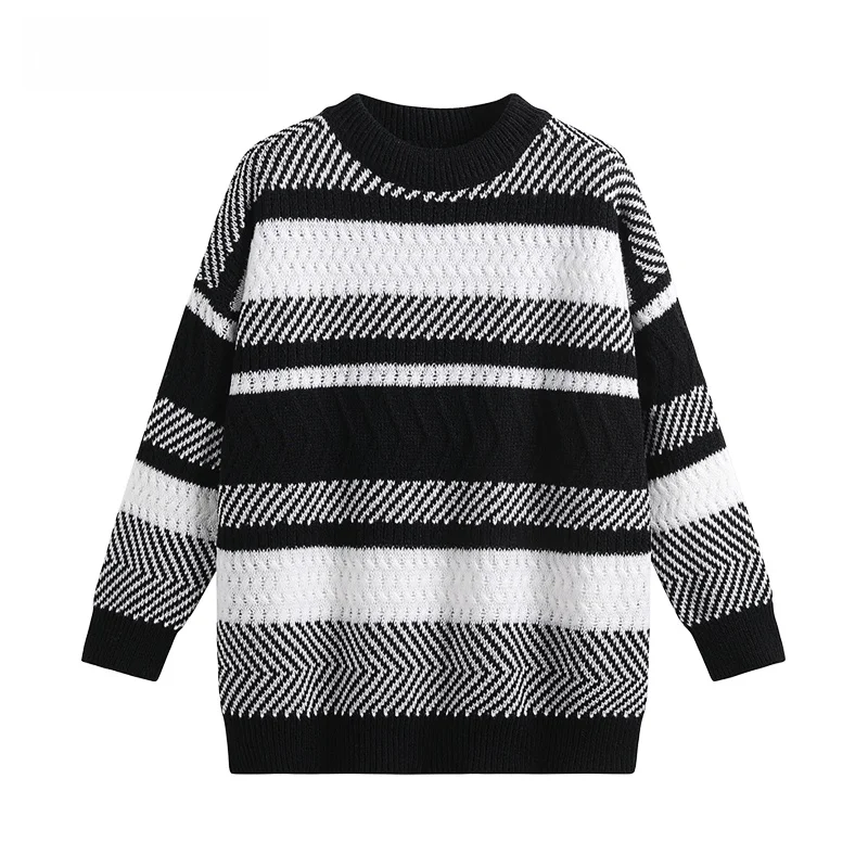 

JZZDEMM Women's Loose Knitted Sweater Trendy Outerwear Retro round Ne Long Sve Regular Fit Comfortable Feel Vertical Str...