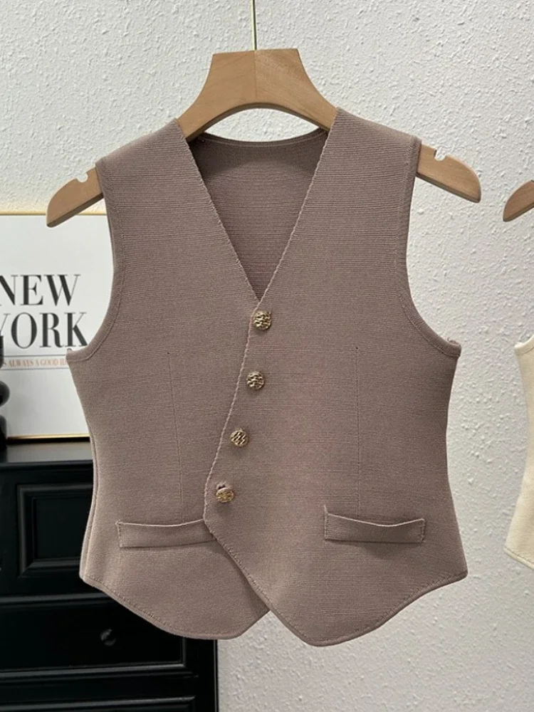 New Summer Women Knitted V-Neck Sleeveless Slim Vest 2026 Female Fashion Solid Single Breasted Tank Tops
