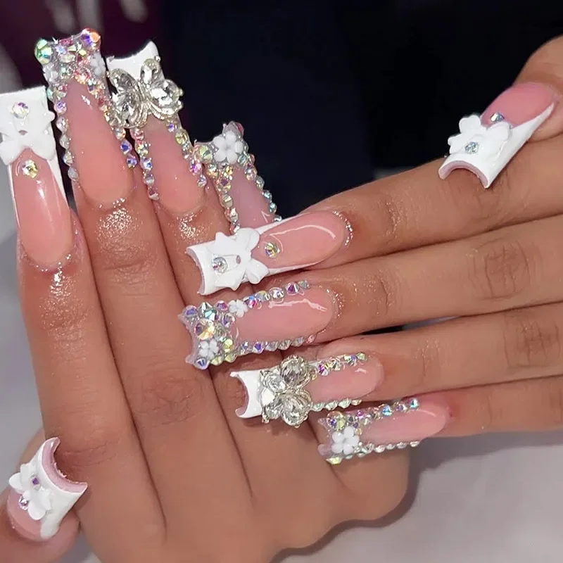 10Pcs Long French Fake Nails with Glue Ballet False Nails Butterfly Rhinestone Design Press on Nails Wearable Coffin Nail Tips