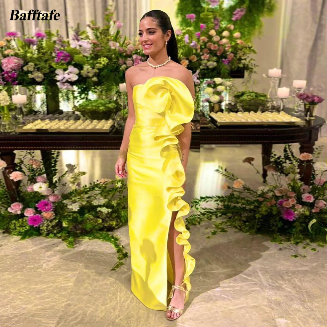 Bafftafe Bright Yellow Satin Mermaid Prom Dresses Ruffles Slit Long Wedding Party Dress Evening Formal Banquet Gowns Customized