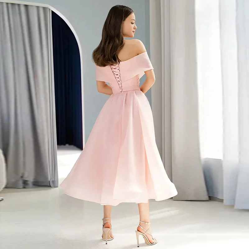 فستان وردي مكشوف الكتفين للحفلات الراقصة ميدي لضيوف الزفاف فستان تول على شكل حرف a فستان كوكتيل فساتين حفلات أنيقة 2025