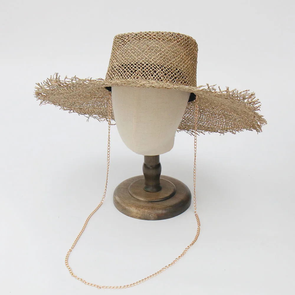 Women's Ins Chain Necklace Straw Hat, Breathable Salt Grass Sun Cap, Beach Sun Hat Export Supply