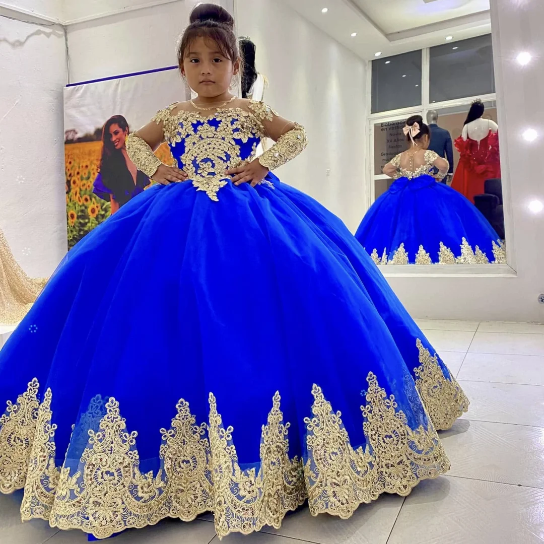 

Customized Royal Blue Flower Girl Dress Gold Floral Appliques With Bow Long Sleeve For Wedding Birthday Party Banquet Gown