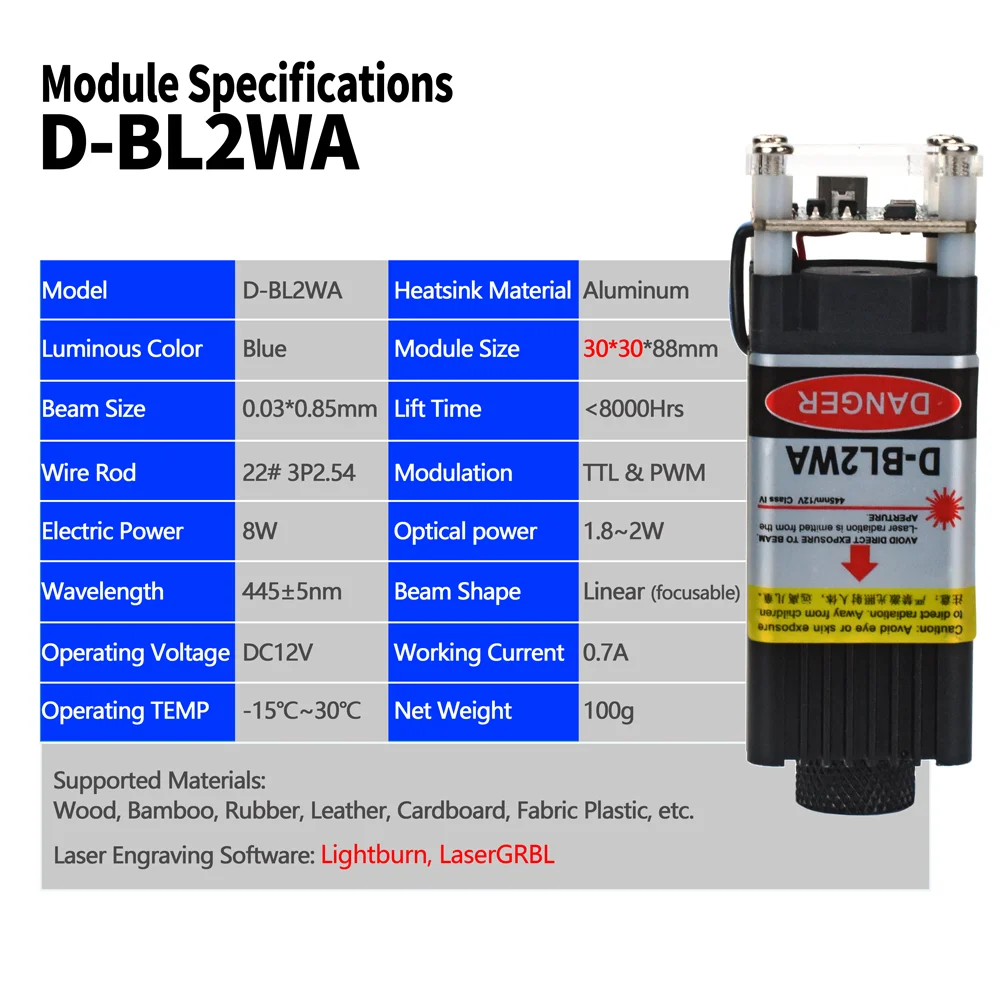 8w ttl/pwmレーザー彫刻機,調整可能なレーザーヘッド,CNC用レーザー切断機,青色光,450nm