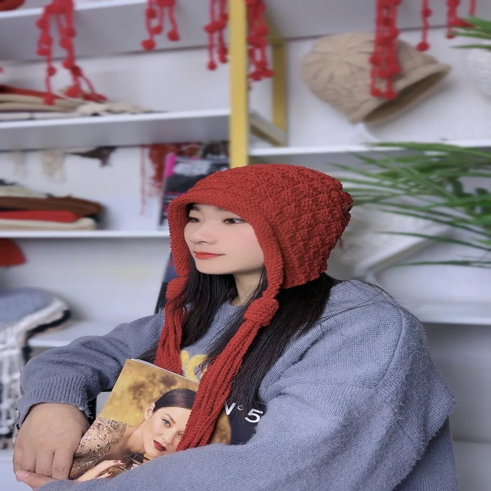 Sweet Handmade Woolen Hat Ear Protection Hollowed Out Warm Hat Breathable Fried Dough Twists Tassel Baotou Hat Travel