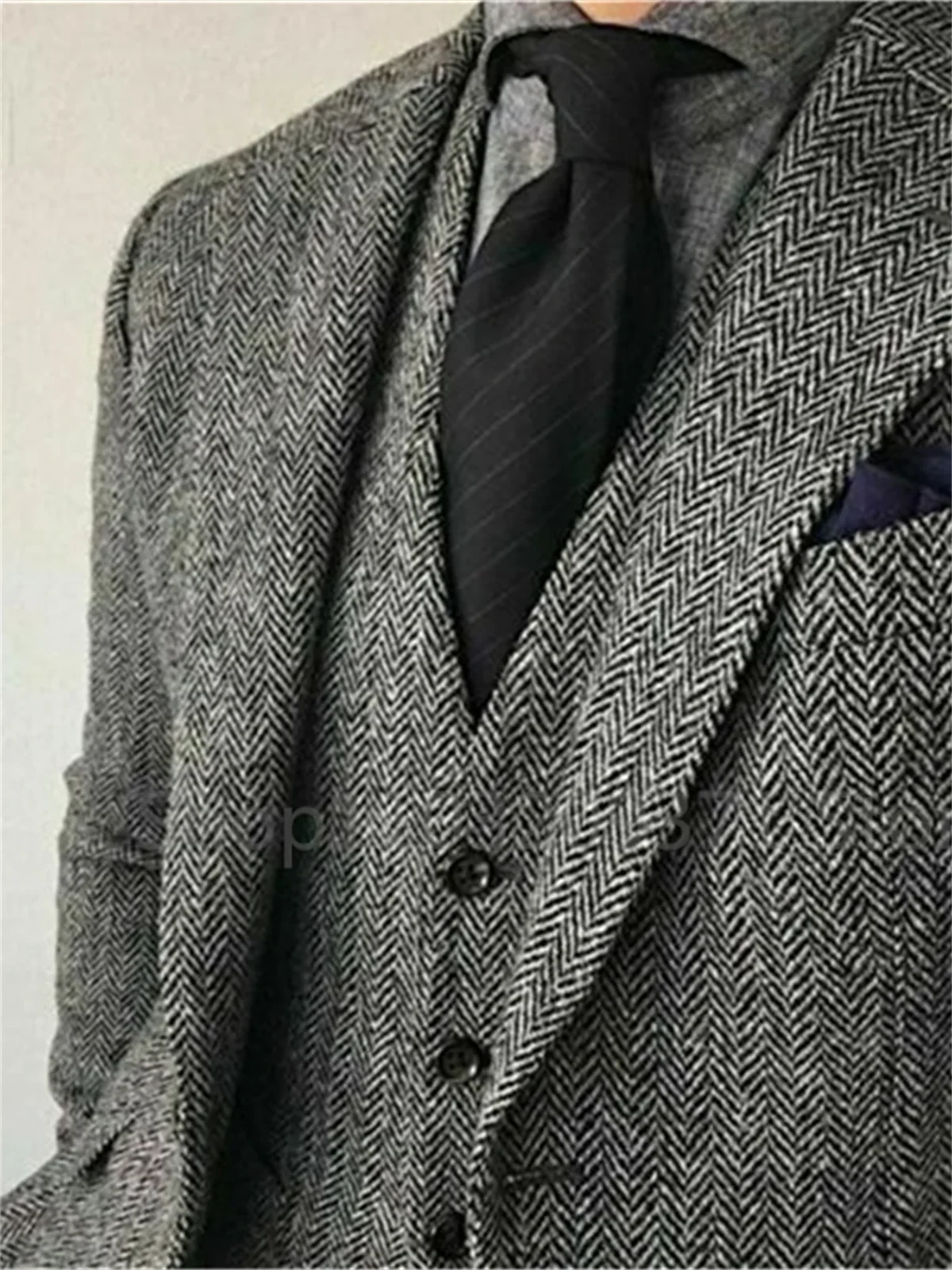 3 Pieces Men\'s Suits Tweed Herringbone Slim Fit Business Cauasl Waistcoat Jacket Groomsmen Wedding Suits(Blazer+vest+Pants)