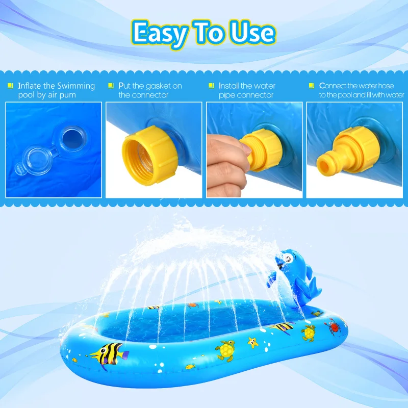 Piscina de aspersores inflable con forma de delfín para niños, almohadilla de juego de agua para salpicaduras, juguete de agua para verano, 170x101cm