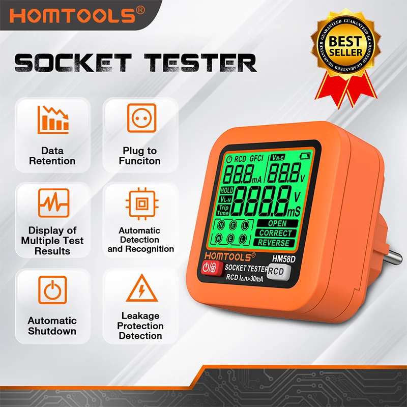 

Цифровой тестер розеток HOMTOOLS 2026 Pro: Умный тестер напряжения для вилок US/UK/EU, проверка заземления, нулевой линии, полярности, фазы, большой дисплей