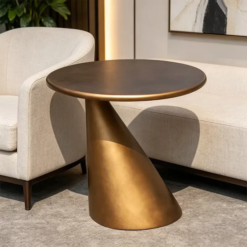 Eco Friendly Hand Crafted Antique Bronze Fiberglass Round Side Table Asymmetrical Tapered Base For Living Room Bulk Available