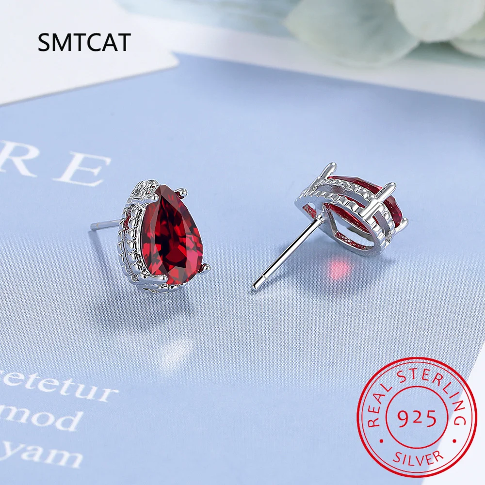 1.8ct Genuine Garnet 925 Sterling Silver Stud Earrings for Women Red Gemstone Fine Jewelry Birthstone Wedding Gift