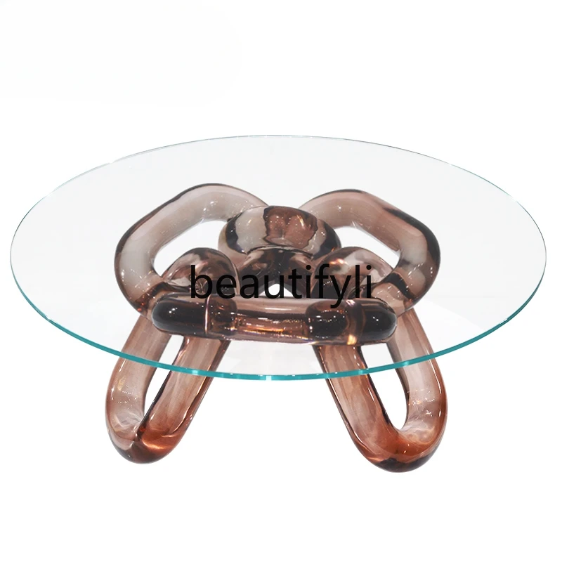 

Transparent resin creative lock chain round coffee table art tempered glass edge table