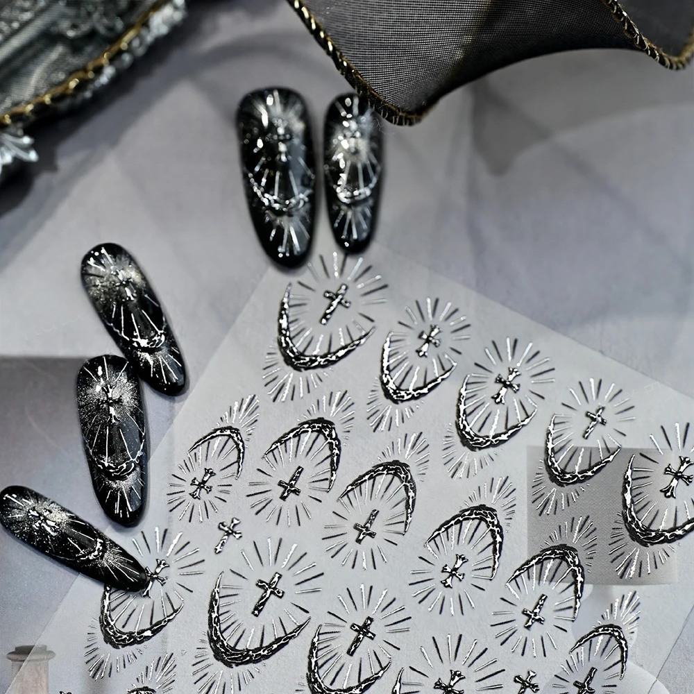 5D Luxury Black Gold Holy Light Cross French Nail Sticker Dazzling Glowing Cross Self Adhesive Nail Art Decals DIY Manicure Deco