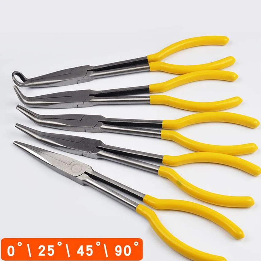 New280mm Extra Long Pliers Bent Nose Plier Hand Repair Tools O-shape Tip Craft RepairingTool 0/25/45/90 Degree Curved Nose Plier