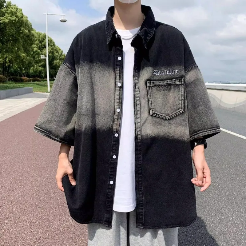 Men's Gradient Embroidery Denim Shirt Short Sleeve Summer Lightweight Washed Vintage Casual Button Down Shirt Streetwear