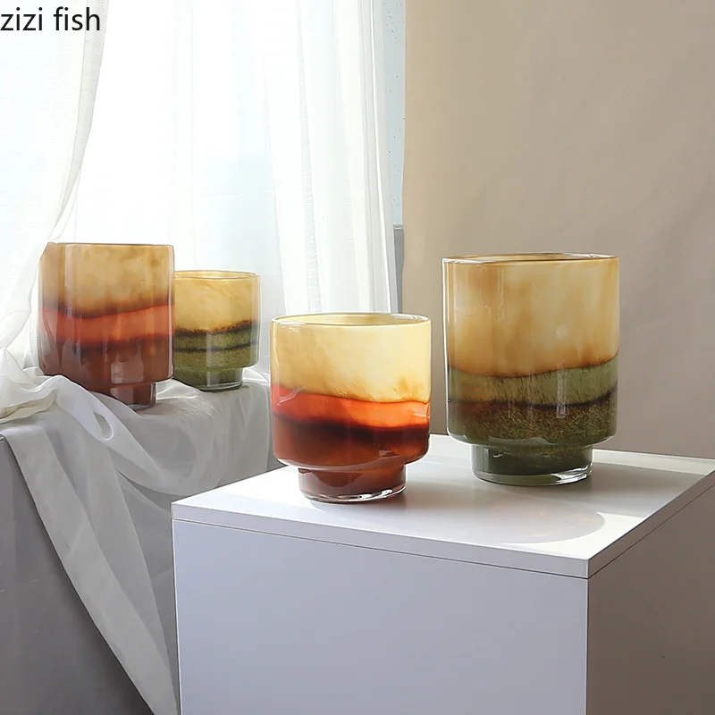 Colored Geometric Glass Vase Large Caliber Handmade Flower Vessel Hydroponic Vase Dried Flower Arrangement Vase Home Decoration