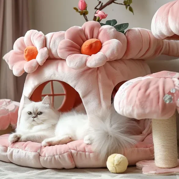 

Cute Pink Pet Bed Mushroom Cat Tree Tower Condo Flower House Design With Premium Plush and Sisal Posts Cat Furniture