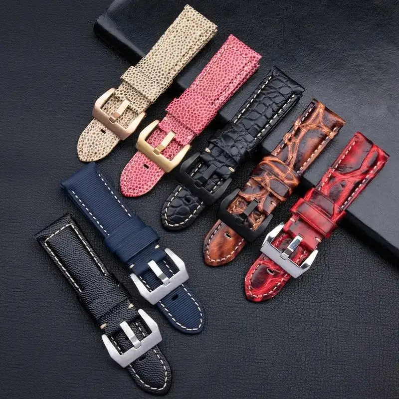 

PCAVO Retro Style Vintage Full Grain Leather Luxury Watch Band With Pin Buckle Bracelet For Panerai Strap Accessories 24mm