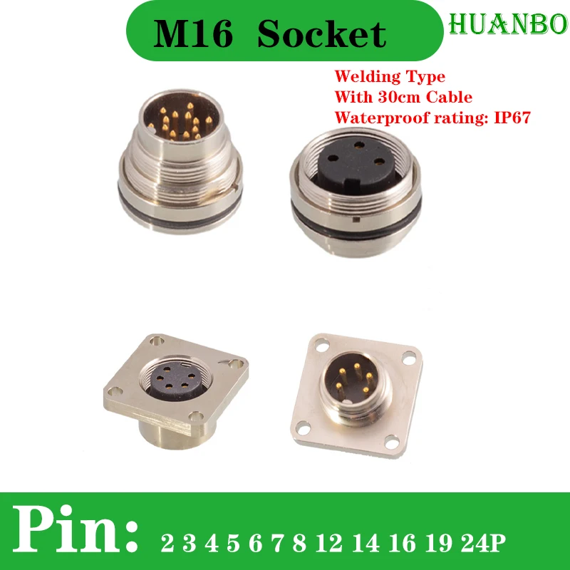 

M16 2 3 4 5 6 7 8 12 14 16 19 24 Pin Waterproof IP67 Aviation Male Female Welding Type Socket With 30cm Cable Threaded Connector