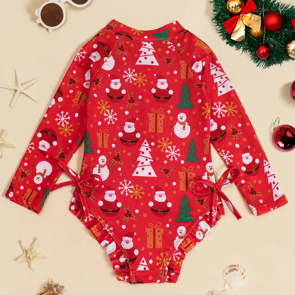 Kids Girls Long Sleeve Athletic Swimsuit Beach Sports Bathing Suit Zipper Beachwear Christmas Santa Pattern Stylish Swimwear