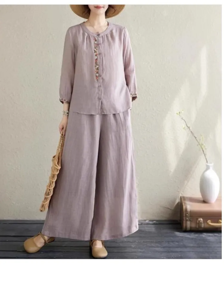

Autumn Women's Set Clothing Fashion Single Breasted Casual Embroidered Flowers Shirt Loose Wide Legs Trousers Two Piece Set