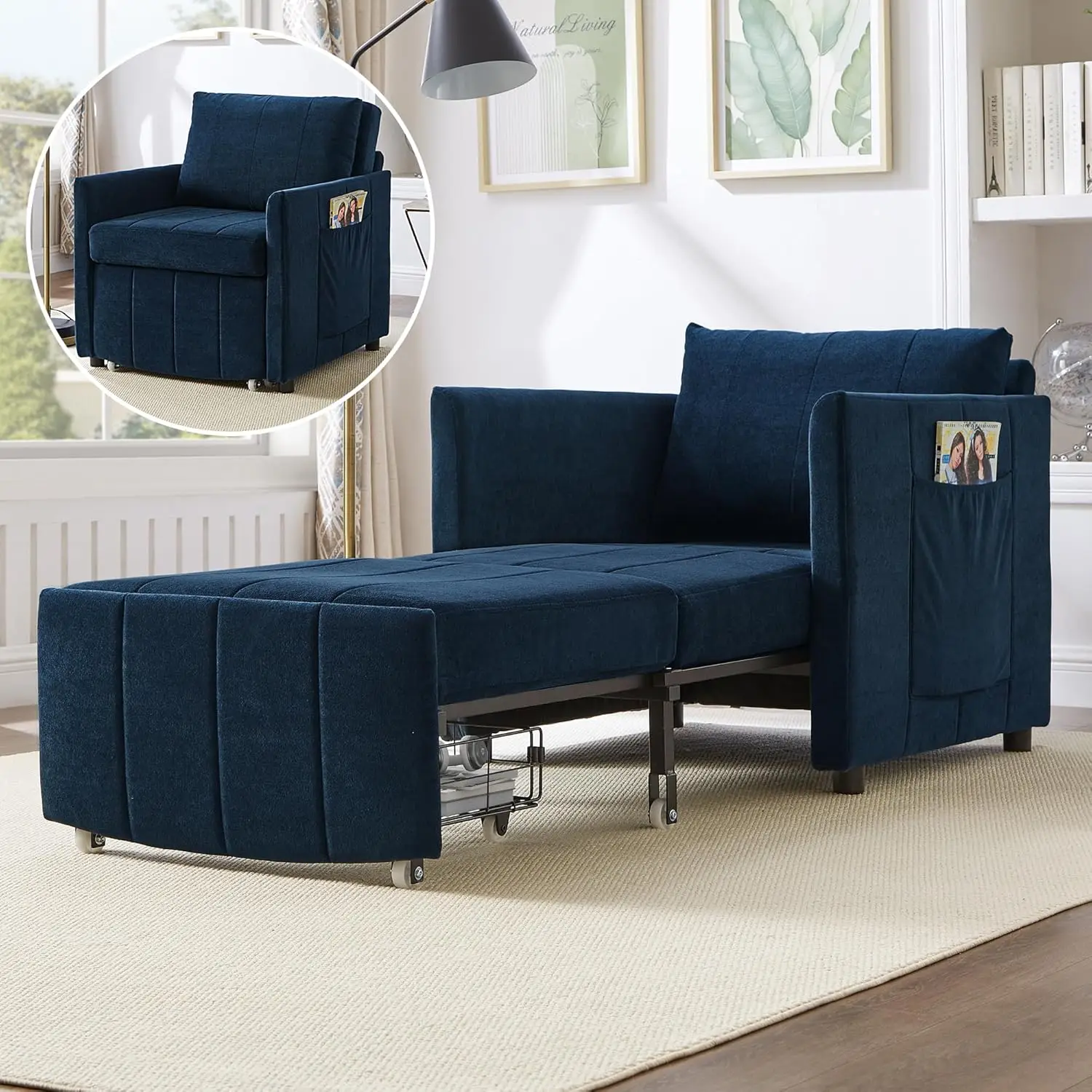 Convertible Chair Bed with a Storage Basket 3-in-1 Pull Out Sleeper Couch with 5-Position Adjustable Backrest Linen Folding Sofa