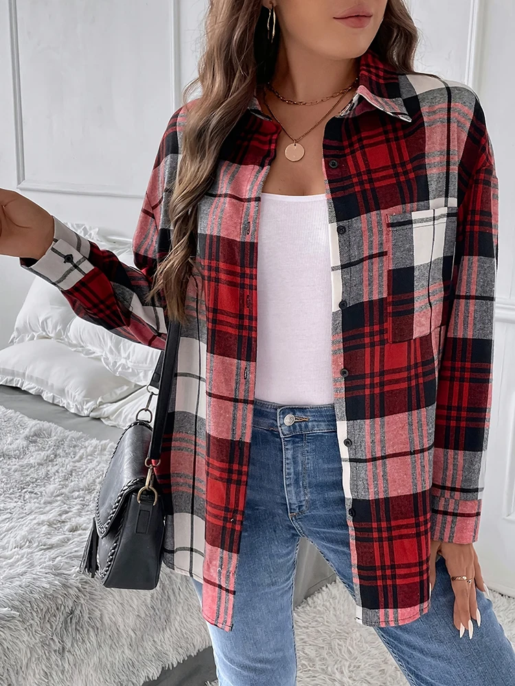 Plus Size Women Plaid Jacket Color Blocking Design Simplicity Fashion Versatile Flip Collar Single Breasted Button Plaid Coat