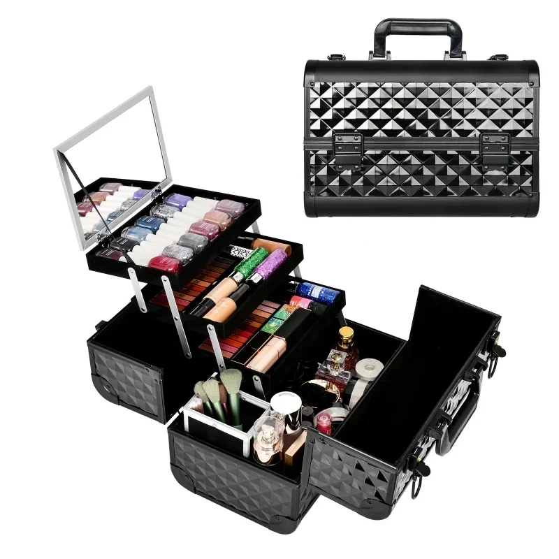 Makeup Organizer Professional Aluminum Cosmetic Case Beauty Hairdresser Train Case Tray Lockable Lock With Key