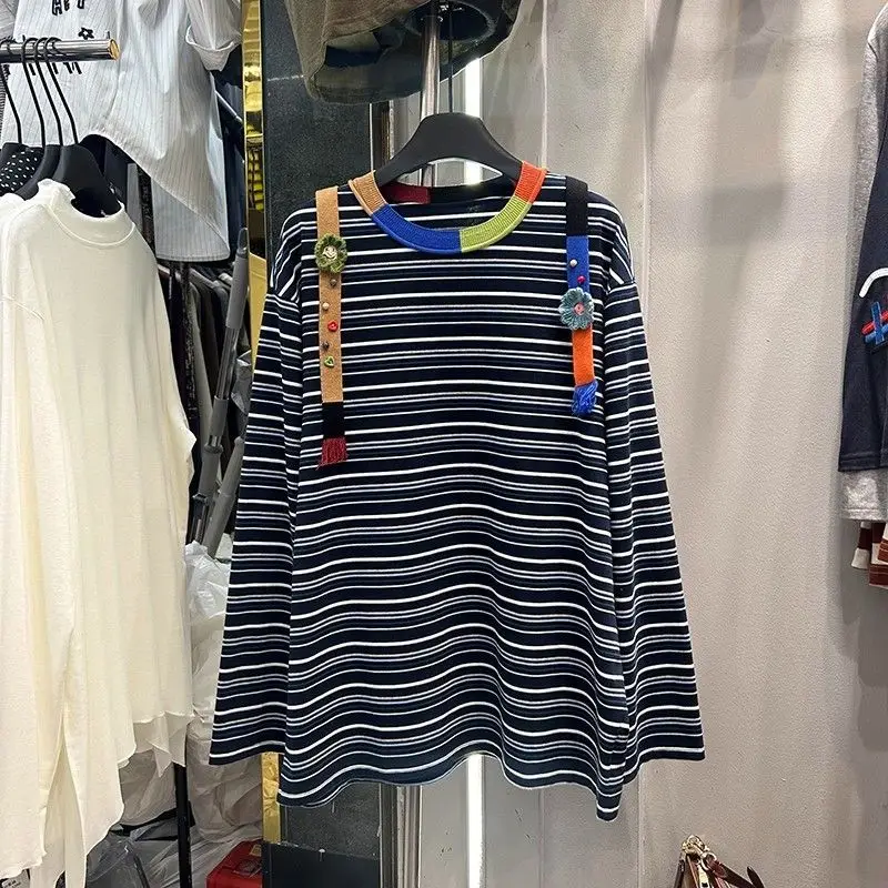 

Женский осенний пуловер с длинными рукавами контрастного цвета, трехмерная универсальная футболка среднего и длинного размера в западном стиле