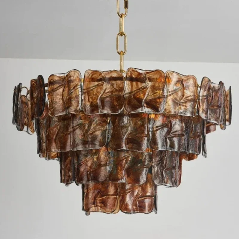 4-Tier Teal Marbled Handmade Glass Chandelier Square Block Pendant Light for Living Room, Villa Hotel, and Home Decor Lighting