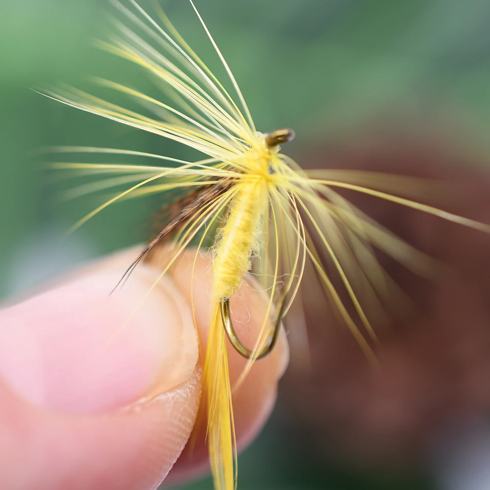 MNFT 10PCS 12# Yellow Body Bright Feather Fly Fishing Flies Barbed Hook Artificial Insect Bait