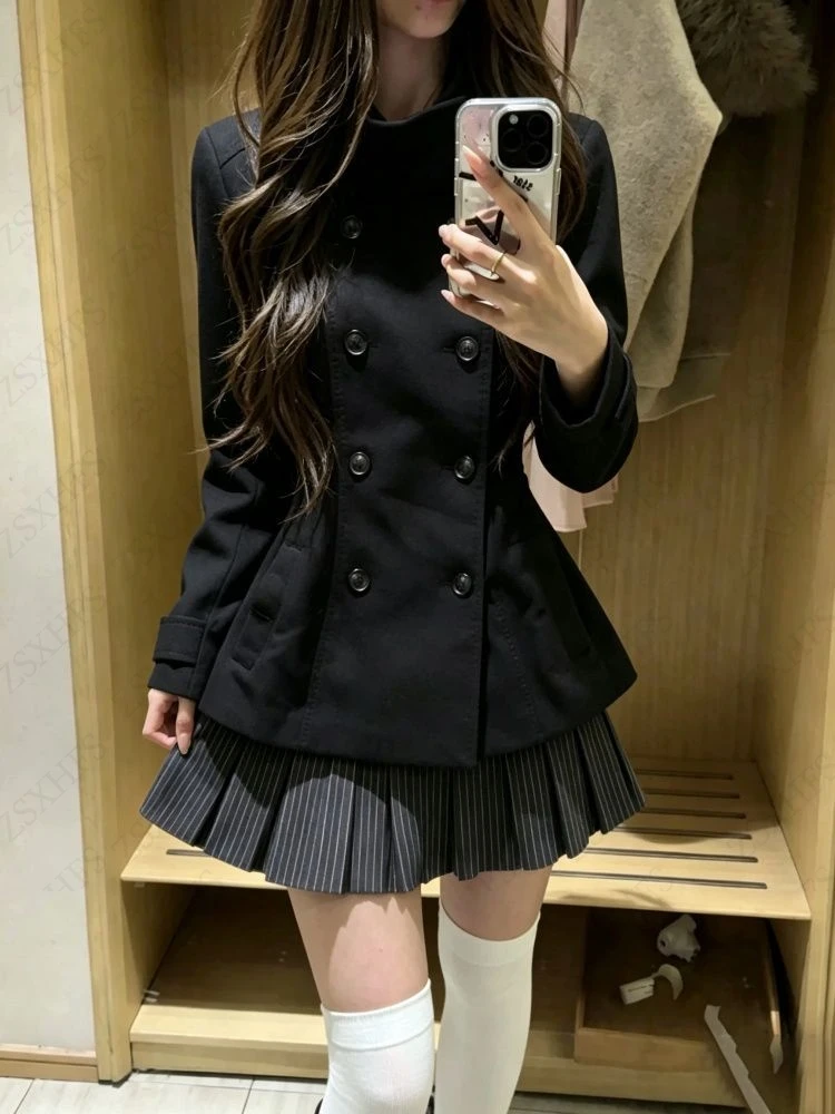 Fashionable Vintage Cropped Slim Woolen Jacket Overcoat Women High Collar Double Breasted Jackets 2000s Autumn Winter Chic Tops