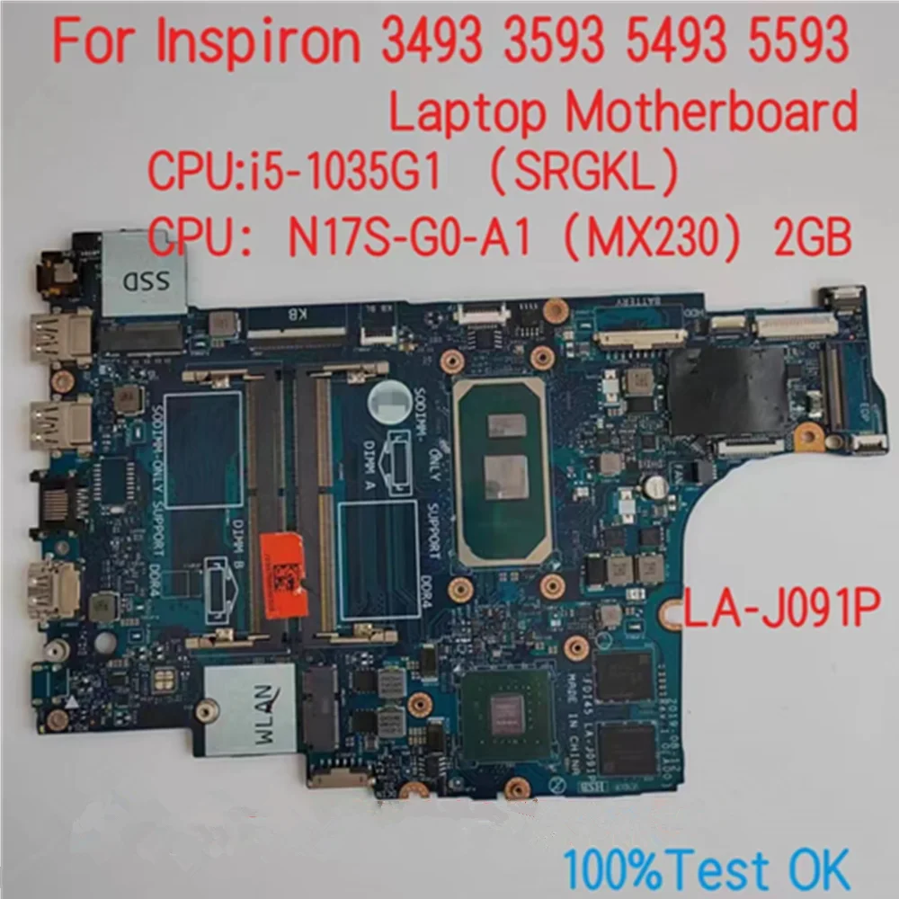 LA-J091P For Dell Inspiron 3493 3593 5493 5593 Laptop Motherboard CPU i5 i7 CN-0N18YD N18YD 7PV6Y 07PV6Y 100% Test OK