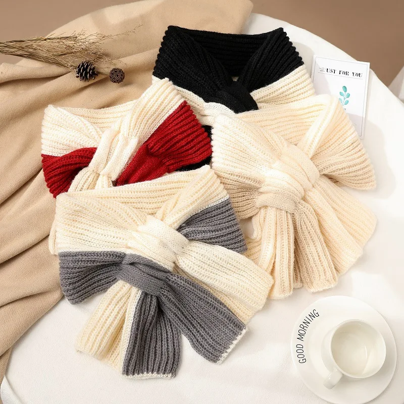 Korean Solid Color Double Sided Neck Protection Wool Knit Cross Collar Warm Shawl Winter Outdoor Windproof Thick Women Scarf V29