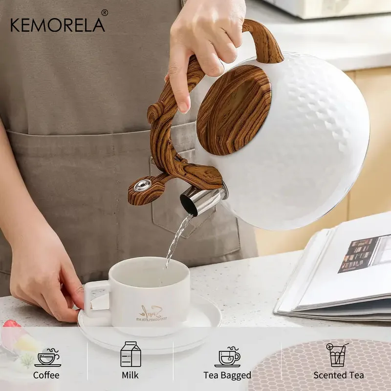 KEMORELA 3L Stainless Steel Heat-Resistant Hammer Pattern Whistle Sound Kettle Wooden handle Boiling Kitchenware Gas Induction