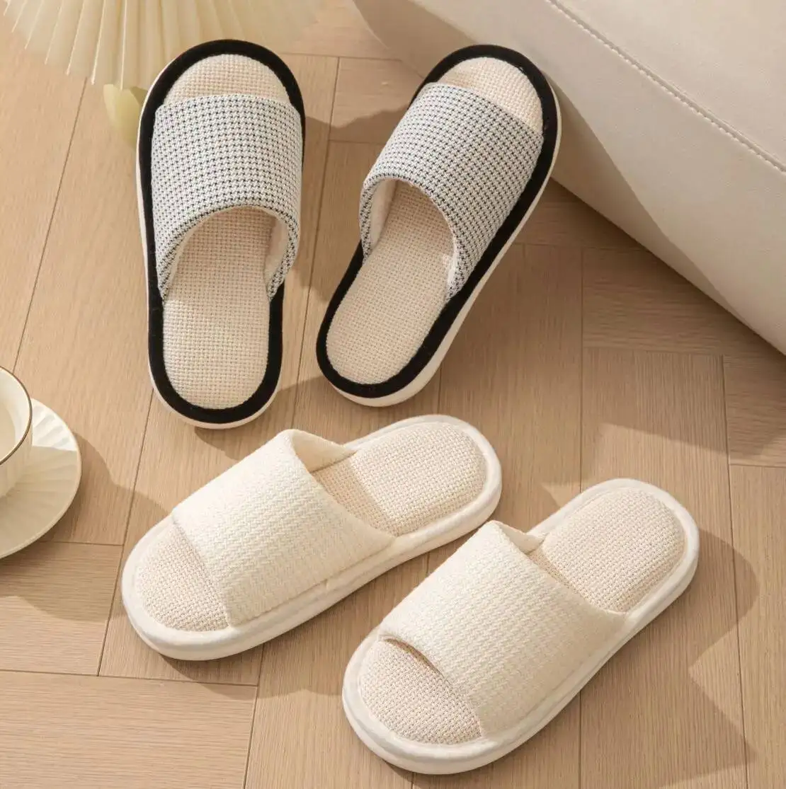 Home Slippers Women's Linen Slippers Indoor Household Plaid Simple Cloth Cotton Linen Indoor Sandals