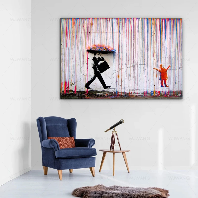 Rainbow Rain Street Art Graffiti Canvas Painting Banksy Wall Art Posters and Prints Pop Art Wall Pictures Living Room Home Decor