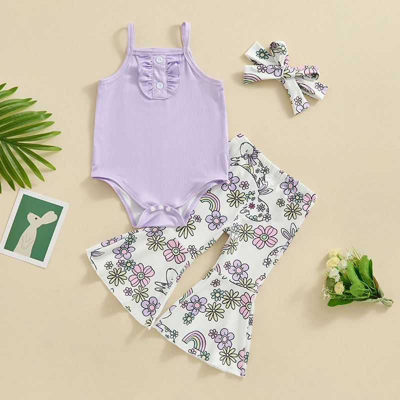 

Baby Girls Easter Pants Sets Purple Sleeveless Ruffle Romper Floral Bunny Rainbow Print Flared Pants Headband Sets