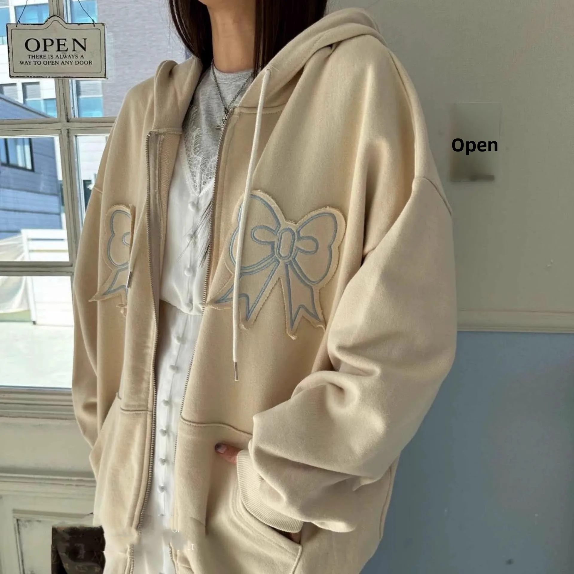 

Exclusive Knot Embroidered Print Loose Hooded Zipper Sweatshirt Jacket Women's Casual Comfortable Long Sleeve Coat